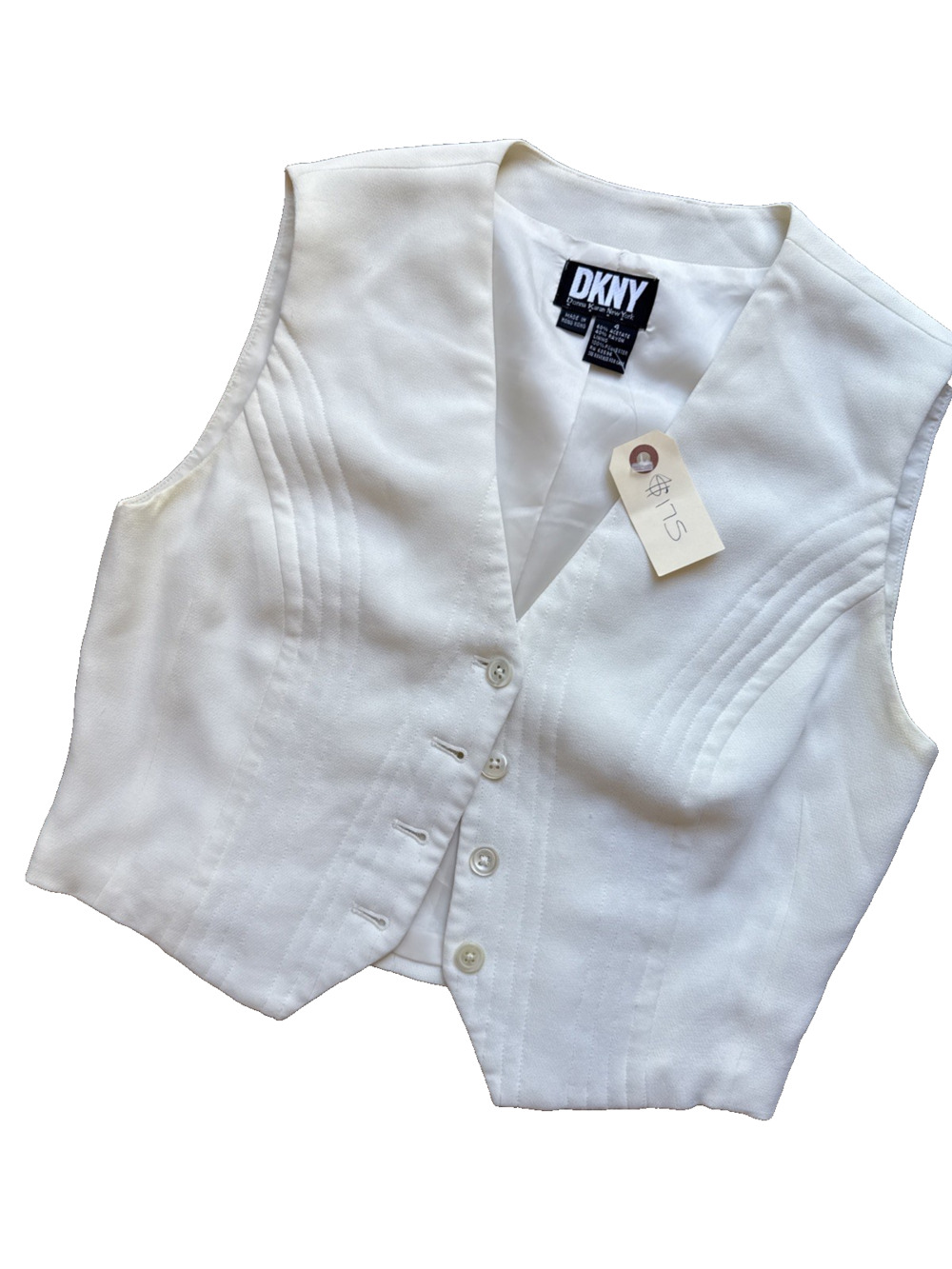 Vintage DKNY Donna Karan Ivory Textured Tailored Vest 4 90s Y2K Corpcore Fitted